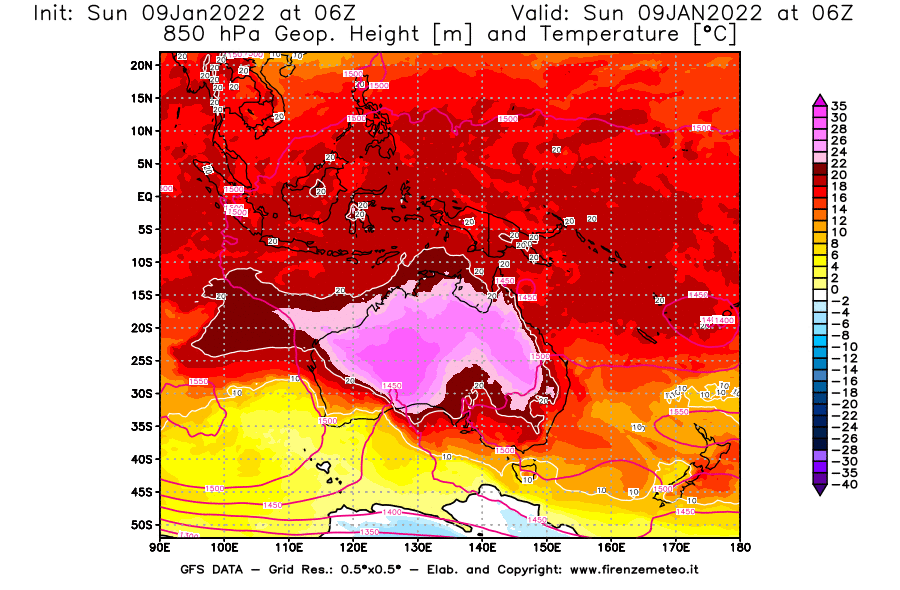 Mappa di analisi GFS - Geopotenziale [m] e Temperatura [°C] a 850 hPa in Oceania
							del 09/01/2022 06 <!--googleoff: index-->UTC<!--googleon: index-->