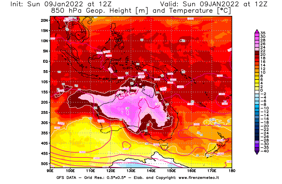Mappa di analisi GFS - Geopotenziale [m] e Temperatura [°C] a 850 hPa in Oceania
							del 09/01/2022 12 <!--googleoff: index-->UTC<!--googleon: index-->