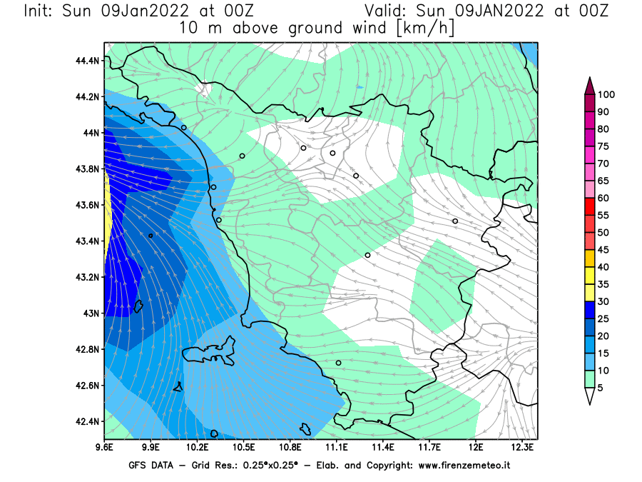 Mappa di analisi GFS - Velocità del vento a 10 metri dal suolo [km/h] in Toscana
							del 09/01/2022 00 <!--googleoff: index-->UTC<!--googleon: index-->