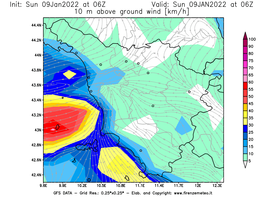 Mappa di analisi GFS - Velocità del vento a 10 metri dal suolo [km/h] in Toscana
							del 09/01/2022 06 <!--googleoff: index-->UTC<!--googleon: index-->