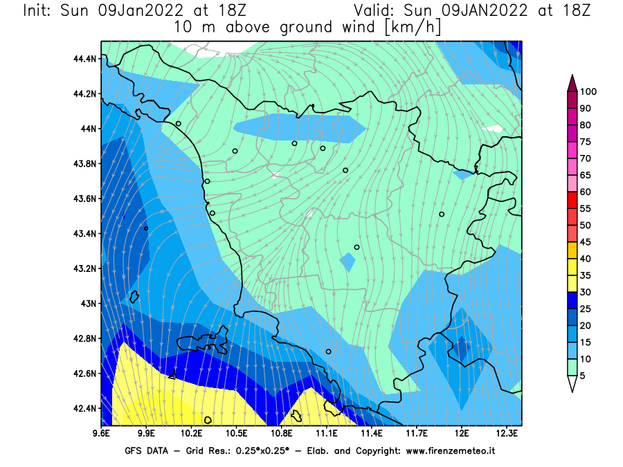 Mappa di analisi GFS - Velocità del vento a 10 metri dal suolo [km/h] in Toscana
							del 09/01/2022 18 <!--googleoff: index-->UTC<!--googleon: index-->