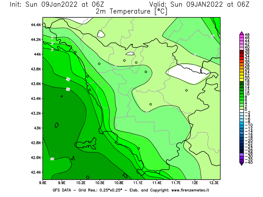 Mappa di analisi GFS - Temperatura a 2 metri dal suolo [°C] in Toscana
							del 09/01/2022 06 <!--googleoff: index-->UTC<!--googleon: index-->