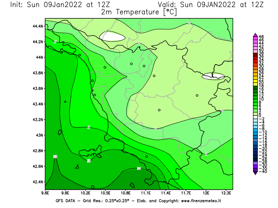 Mappa di analisi GFS - Temperatura a 2 metri dal suolo [°C] in Toscana
							del 09/01/2022 12 <!--googleoff: index-->UTC<!--googleon: index-->