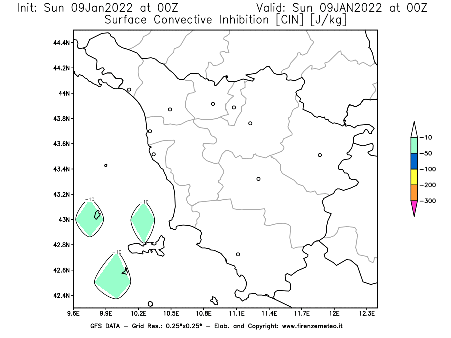 Mappa di analisi GFS - CIN [J/kg] in Toscana
							del 09/01/2022 00 <!--googleoff: index-->UTC<!--googleon: index-->
