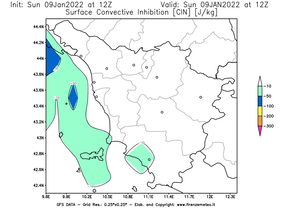 Mappa di analisi GFS - CIN [J/kg] in Toscana
							del 09/01/2022 12 <!--googleoff: index-->UTC<!--googleon: index-->