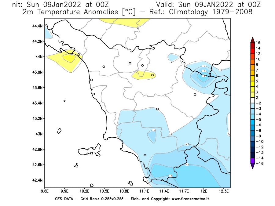 Mappa di analisi GFS - Anomalia Temperatura [°C] a 2 m in Toscana
							del 09/01/2022 00 <!--googleoff: index-->UTC<!--googleon: index-->
