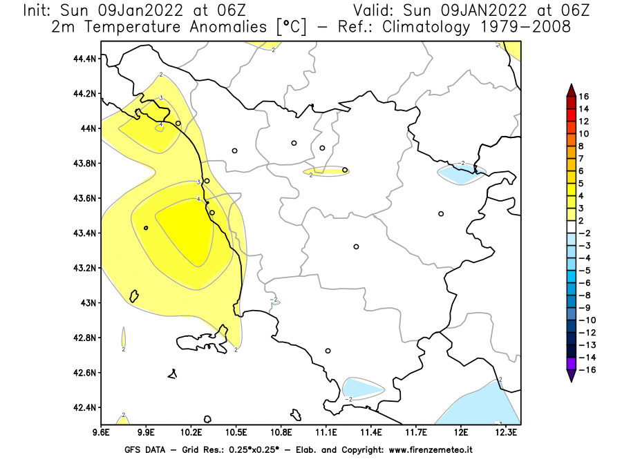 Mappa di analisi GFS - Anomalia Temperatura [°C] a 2 m in Toscana
							del 09/01/2022 06 <!--googleoff: index-->UTC<!--googleon: index-->