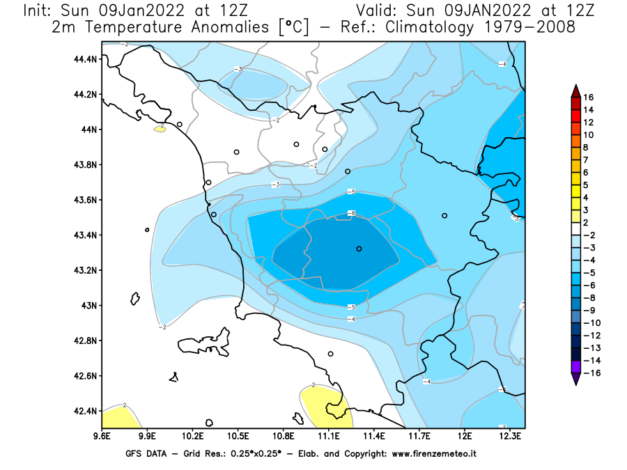 Mappa di analisi GFS - Anomalia Temperatura [°C] a 2 m in Toscana
							del 09/01/2022 12 <!--googleoff: index-->UTC<!--googleon: index-->