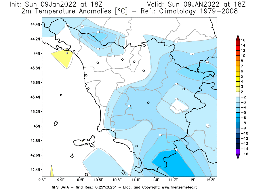 Mappa di analisi GFS - Anomalia Temperatura [°C] a 2 m in Toscana
							del 09/01/2022 18 <!--googleoff: index-->UTC<!--googleon: index-->