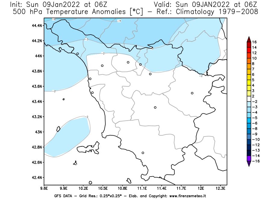 Mappa di analisi GFS - Anomalia Temperatura [°C] a 500 hPa in Toscana
							del 09/01/2022 06 <!--googleoff: index-->UTC<!--googleon: index-->