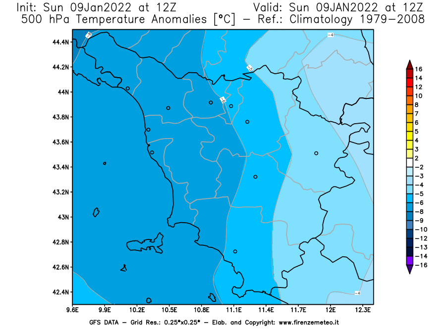 Mappa di analisi GFS - Anomalia Temperatura [°C] a 500 hPa in Toscana
							del 09/01/2022 12 <!--googleoff: index-->UTC<!--googleon: index-->