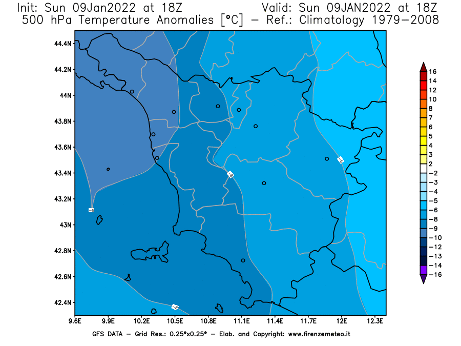 Mappa di analisi GFS - Anomalia Temperatura [°C] a 500 hPa in Toscana
							del 09/01/2022 18 <!--googleoff: index-->UTC<!--googleon: index-->