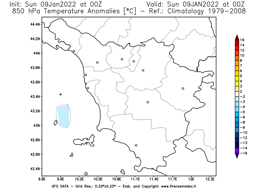 Mappa di analisi GFS - Anomalia Temperatura [°C] a 850 hPa in Toscana
							del 09/01/2022 00 <!--googleoff: index-->UTC<!--googleon: index-->