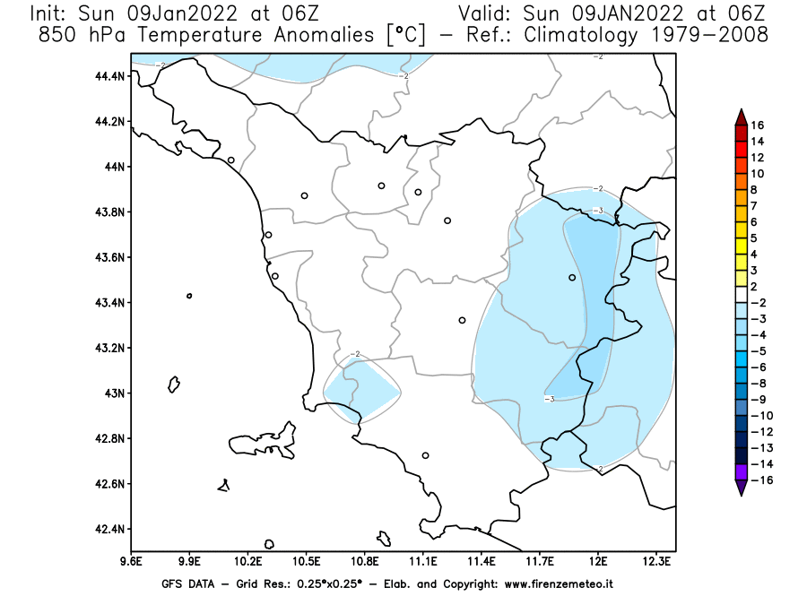 Mappa di analisi GFS - Anomalia Temperatura [°C] a 850 hPa in Toscana
							del 09/01/2022 06 <!--googleoff: index-->UTC<!--googleon: index-->