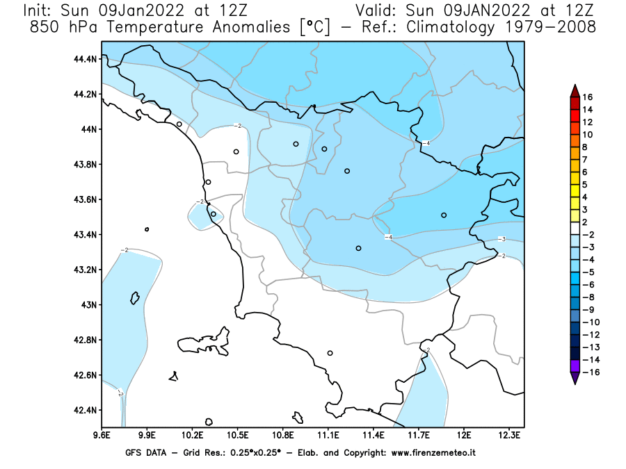Mappa di analisi GFS - Anomalia Temperatura [°C] a 850 hPa in Toscana
							del 09/01/2022 12 <!--googleoff: index-->UTC<!--googleon: index-->