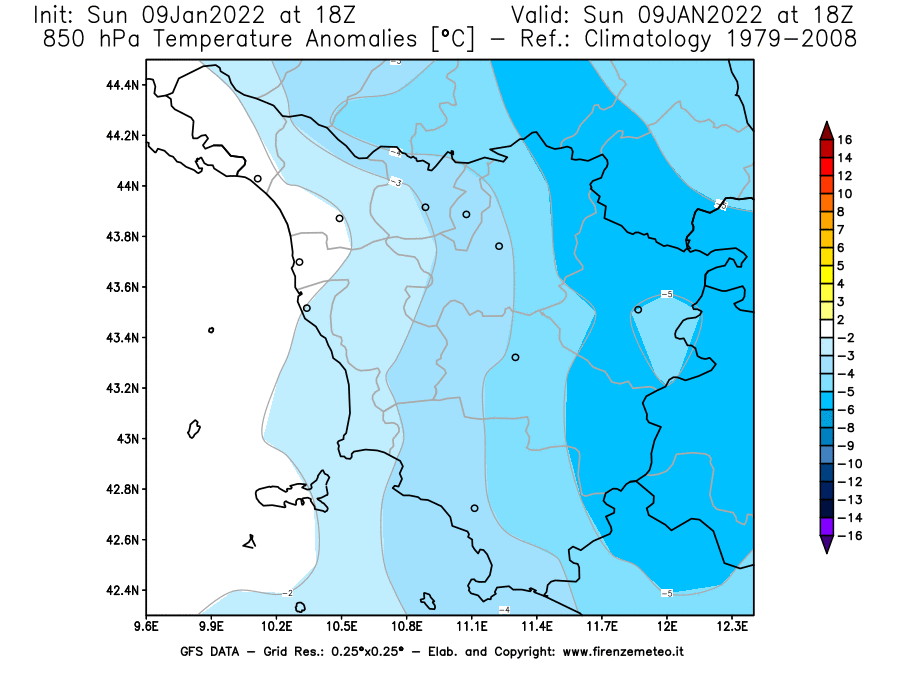 Mappa di analisi GFS - Anomalia Temperatura [°C] a 850 hPa in Toscana
							del 09/01/2022 18 <!--googleoff: index-->UTC<!--googleon: index-->