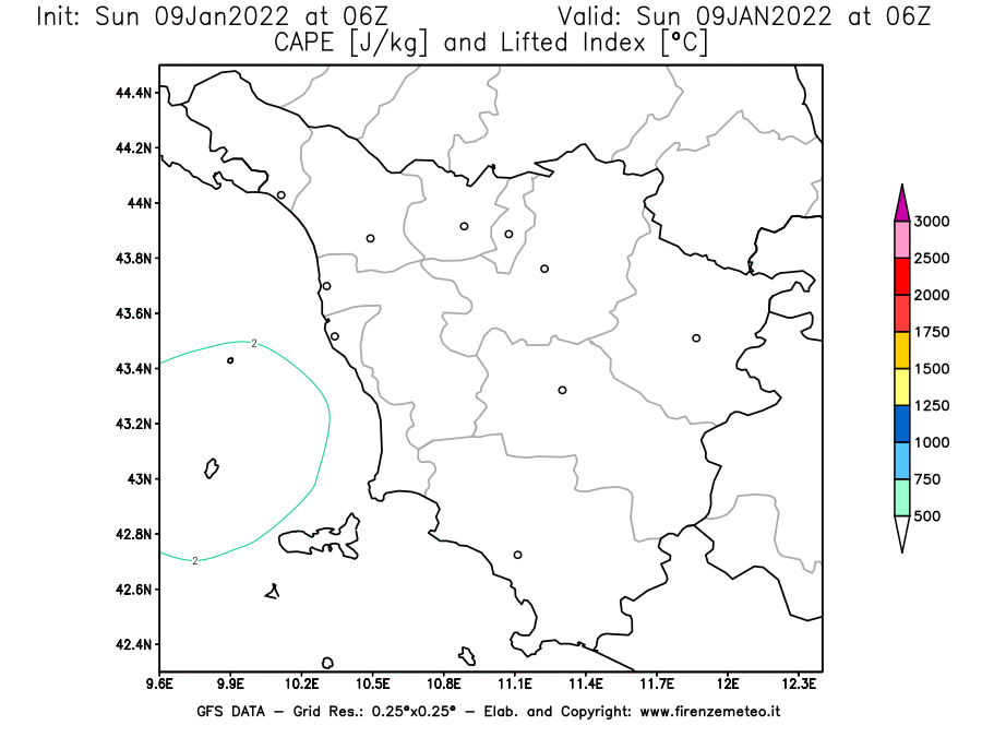 Mappa di analisi GFS - CAPE [J/kg] e Lifted Index [°C] in Toscana
							del 09/01/2022 06 <!--googleoff: index-->UTC<!--googleon: index-->