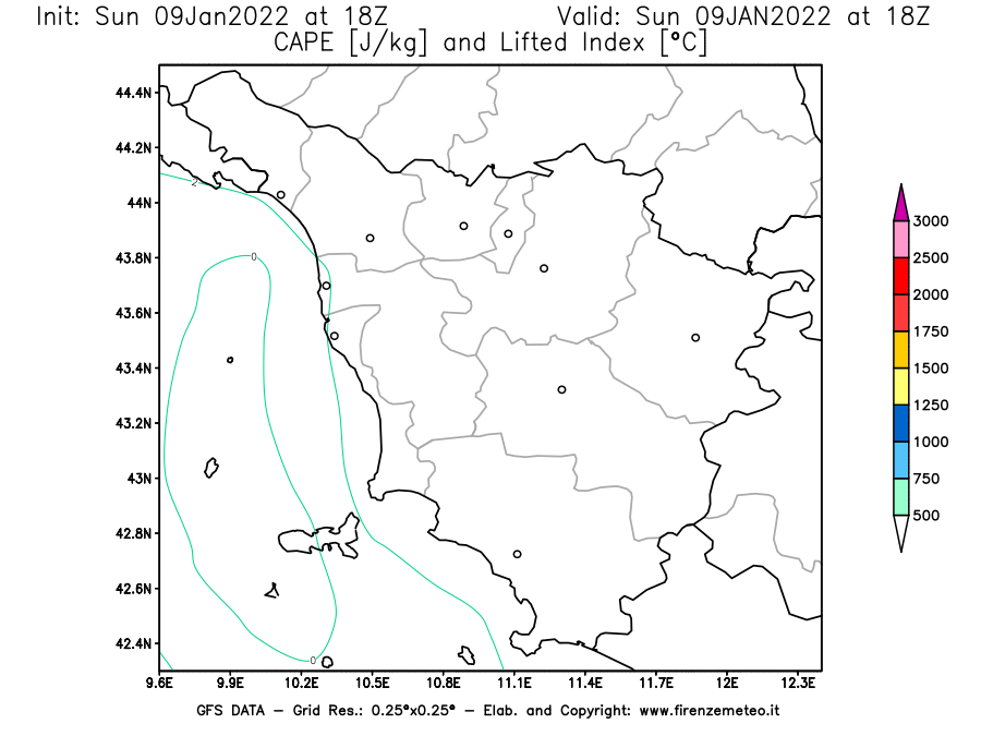 Mappa di analisi GFS - CAPE [J/kg] e Lifted Index [°C] in Toscana
							del 09/01/2022 18 <!--googleoff: index-->UTC<!--googleon: index-->