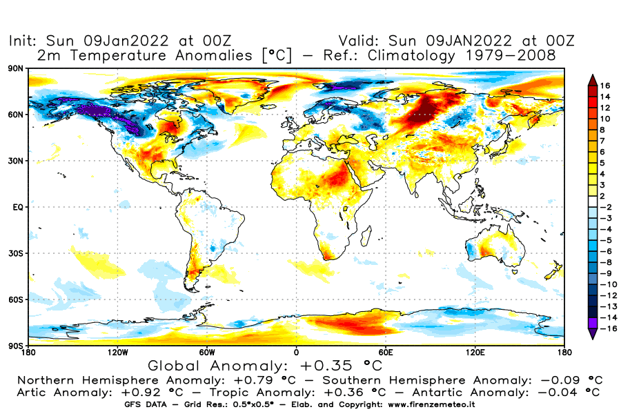 Mappa di analisi GFS - Anomalia Temperatura [°C] a 2 m in World
							del 09/01/2022 00 <!--googleoff: index-->UTC<!--googleon: index-->