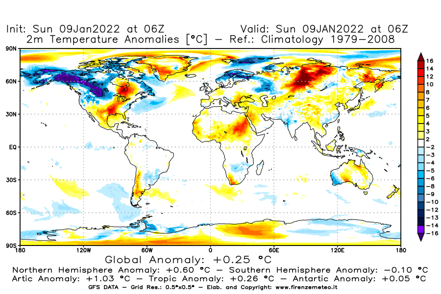 Mappa di analisi GFS - Anomalia Temperatura [°C] a 2 m in World
							del 09/01/2022 06 <!--googleoff: index-->UTC<!--googleon: index-->