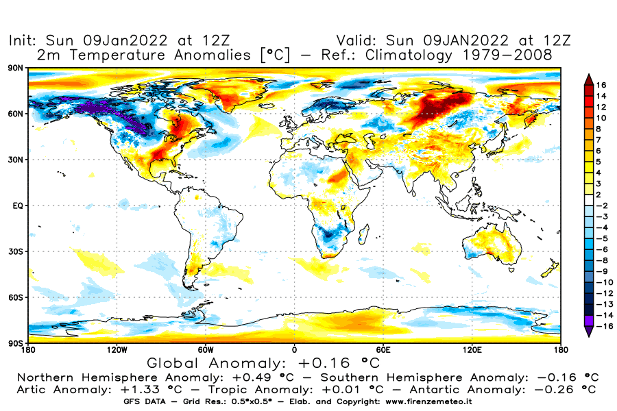 Mappa di analisi GFS - Anomalia Temperatura [°C] a 2 m in World
							del 09/01/2022 12 <!--googleoff: index-->UTC<!--googleon: index-->