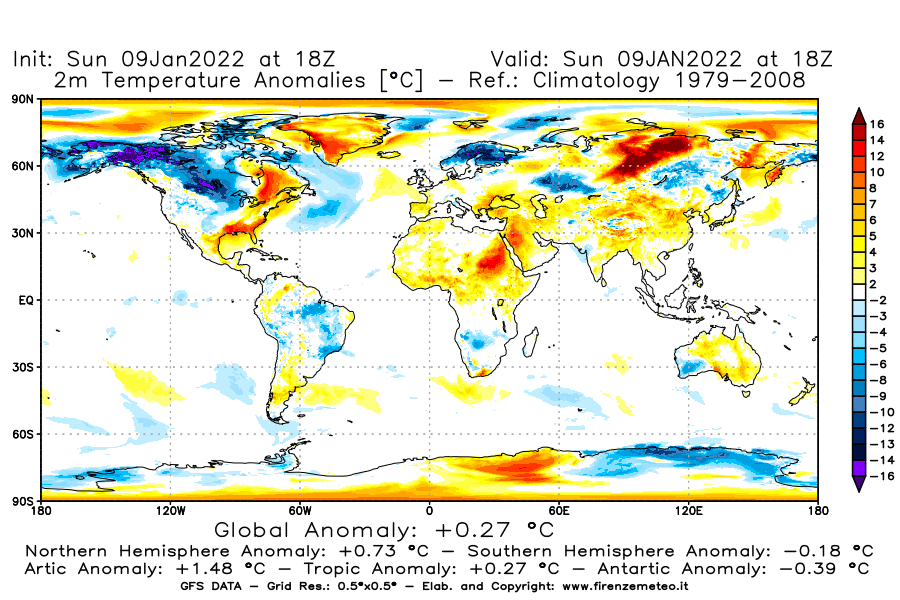 Mappa di analisi GFS - Anomalia Temperatura [°C] a 2 m in World
							del 09/01/2022 18 <!--googleoff: index-->UTC<!--googleon: index-->