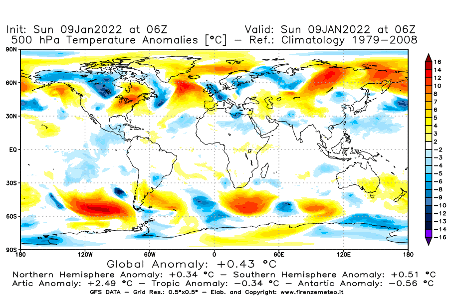 Mappa di analisi GFS - Anomalia Temperatura [°C] a 500 hPa in World
							del 09/01/2022 06 <!--googleoff: index-->UTC<!--googleon: index-->