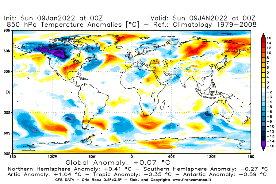 Mappa di analisi GFS - Anomalia Temperatura [°C] a 850 hPa in World
							del 09/01/2022 00 <!--googleoff: index-->UTC<!--googleon: index-->