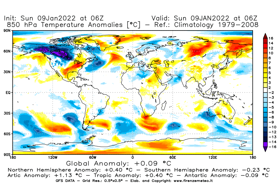 Mappa di analisi GFS - Anomalia Temperatura [°C] a 850 hPa in World
							del 09/01/2022 06 <!--googleoff: index-->UTC<!--googleon: index-->