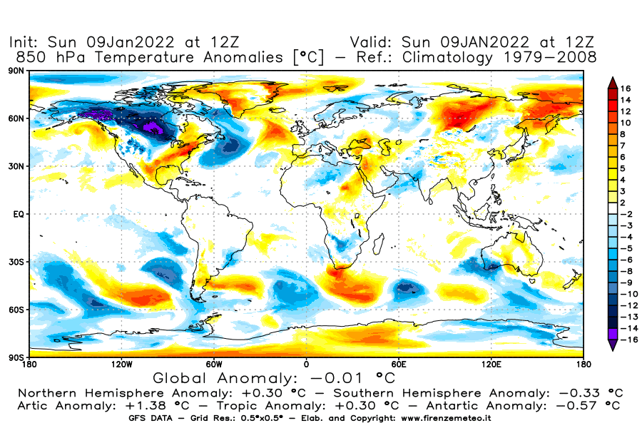Mappa di analisi GFS - Anomalia Temperatura [°C] a 850 hPa in World
							del 09/01/2022 12 <!--googleoff: index-->UTC<!--googleon: index-->
