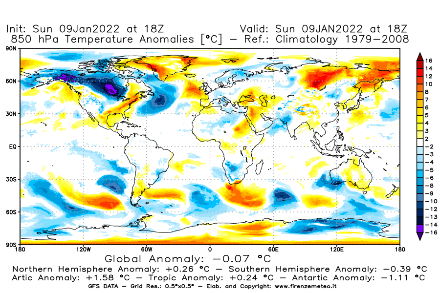 Mappa di analisi GFS - Anomalia Temperatura [°C] a 850 hPa in World
							del 09/01/2022 18 <!--googleoff: index-->UTC<!--googleon: index-->