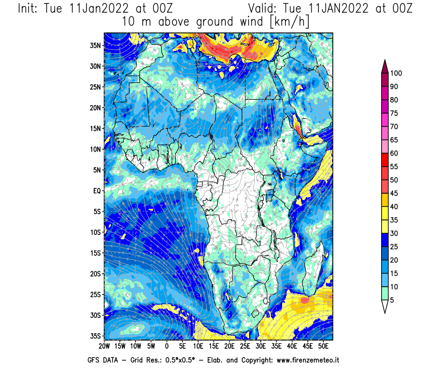Mappa di analisi GFS - Velocità del vento a 10 metri dal suolo [km/h] in Africa
							del 11/01/2022 00 <!--googleoff: index-->UTC<!--googleon: index-->