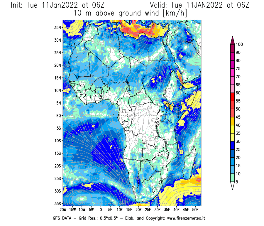 Mappa di analisi GFS - Velocità del vento a 10 metri dal suolo [km/h] in Africa
							del 11/01/2022 06 <!--googleoff: index-->UTC<!--googleon: index-->