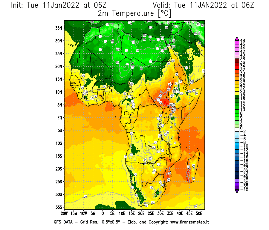 Mappa di analisi GFS - Temperatura a 2 metri dal suolo [°C] in Africa
							del 11/01/2022 06 <!--googleoff: index-->UTC<!--googleon: index-->