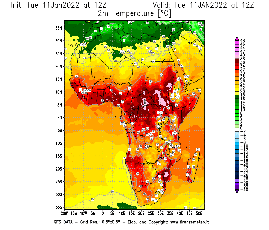 Mappa di analisi GFS - Temperatura a 2 metri dal suolo [°C] in Africa
							del 11/01/2022 12 <!--googleoff: index-->UTC<!--googleon: index-->