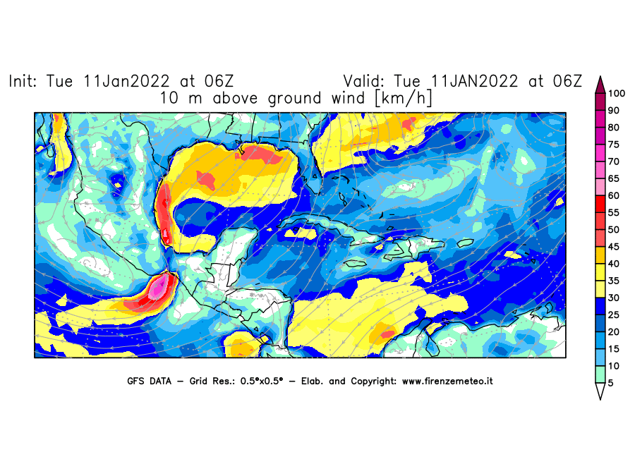 Mappa di analisi GFS - Velocità del vento a 10 metri dal suolo [km/h] in Centro-America
							del 11/01/2022 06 <!--googleoff: index-->UTC<!--googleon: index-->