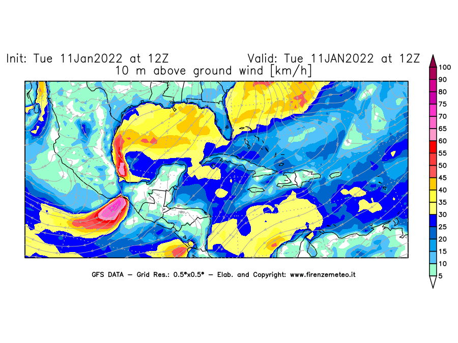 Mappa di analisi GFS - Velocità del vento a 10 metri dal suolo [km/h] in Centro-America
							del 11/01/2022 12 <!--googleoff: index-->UTC<!--googleon: index-->