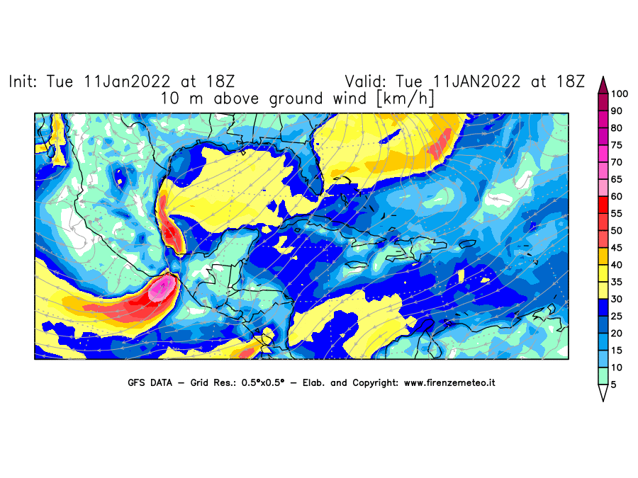 Mappa di analisi GFS - Velocità del vento a 10 metri dal suolo [km/h] in Centro-America
							del 11/01/2022 18 <!--googleoff: index-->UTC<!--googleon: index-->