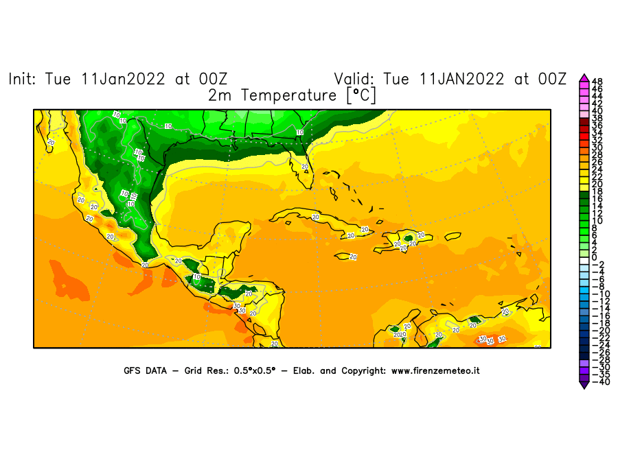 Mappa di analisi GFS - Temperatura a 2 metri dal suolo [°C] in Centro-America
							del 11/01/2022 00 <!--googleoff: index-->UTC<!--googleon: index-->
