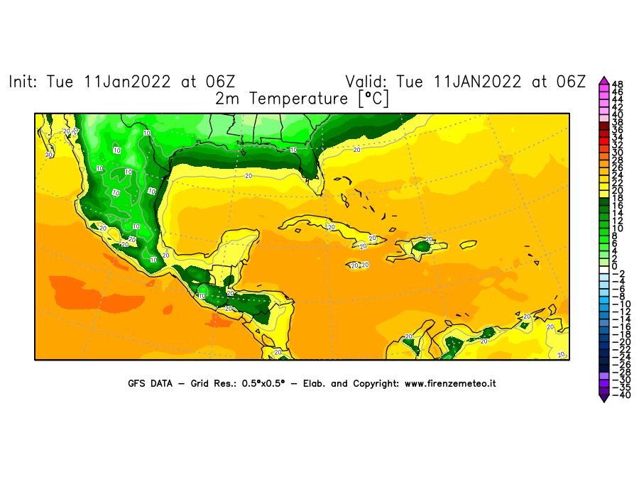 Mappa di analisi GFS - Temperatura a 2 metri dal suolo [°C] in Centro-America
							del 11/01/2022 06 <!--googleoff: index-->UTC<!--googleon: index-->