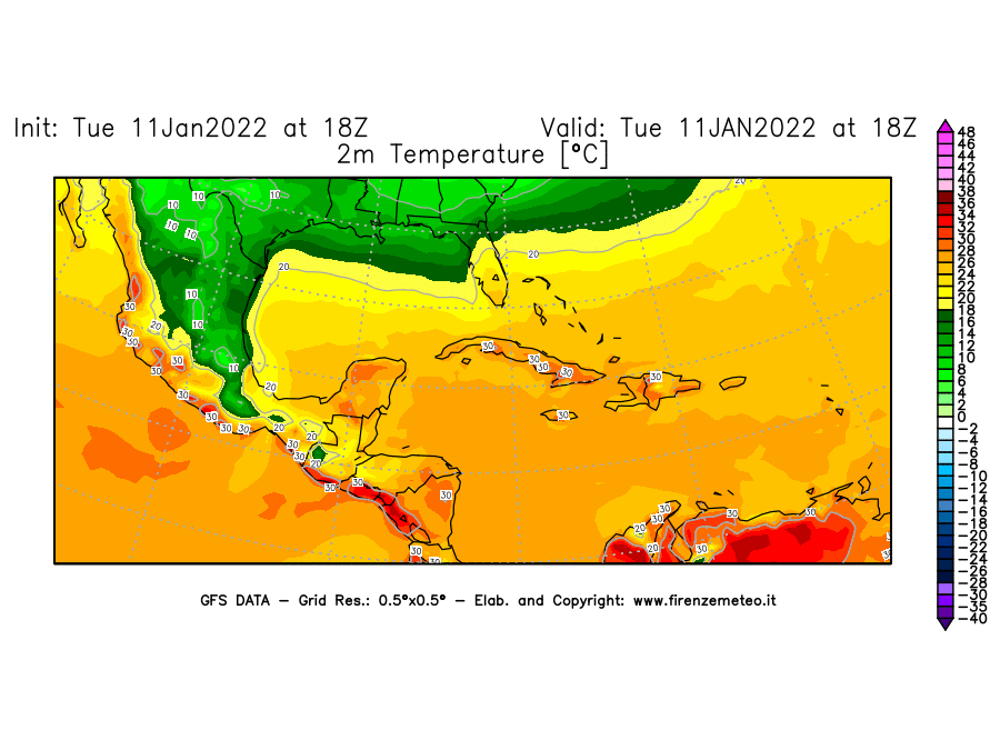 Mappa di analisi GFS - Temperatura a 2 metri dal suolo [°C] in Centro-America
							del 11/01/2022 18 <!--googleoff: index-->UTC<!--googleon: index-->