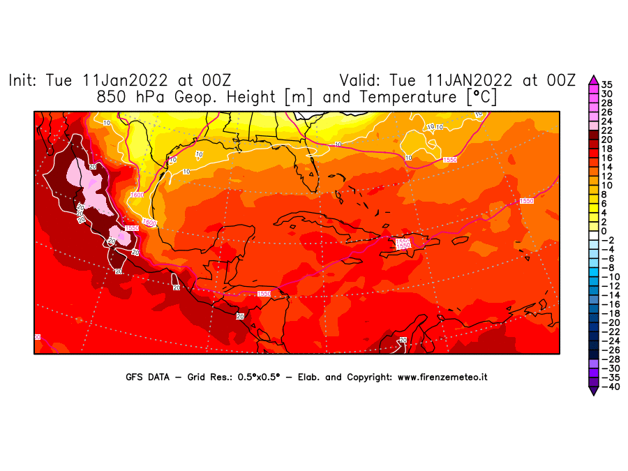 Mappa di analisi GFS - Geopotenziale [m] e Temperatura [°C] a 850 hPa in Centro-America
							del 11/01/2022 00 <!--googleoff: index-->UTC<!--googleon: index-->