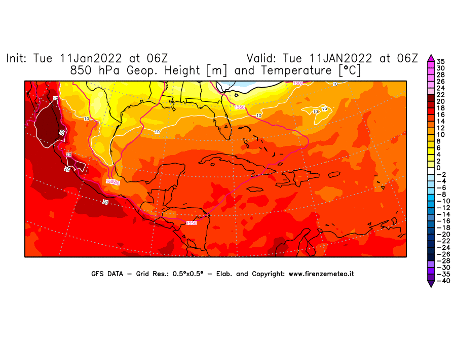 Mappa di analisi GFS - Geopotenziale [m] e Temperatura [°C] a 850 hPa in Centro-America
							del 11/01/2022 06 <!--googleoff: index-->UTC<!--googleon: index-->