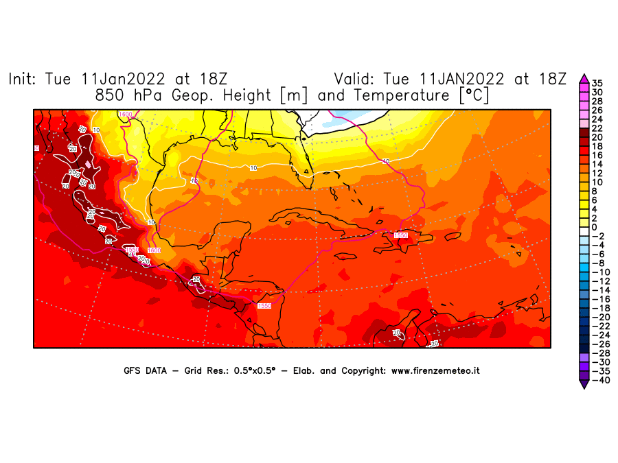 Mappa di analisi GFS - Geopotenziale [m] e Temperatura [°C] a 850 hPa in Centro-America
							del 11/01/2022 18 <!--googleoff: index-->UTC<!--googleon: index-->