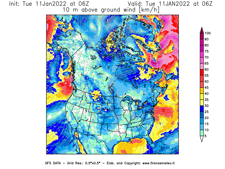 Mappa di analisi GFS - Velocità del vento a 10 metri dal suolo [km/h] in Nord-America
							del 11/01/2022 06 <!--googleoff: index-->UTC<!--googleon: index-->