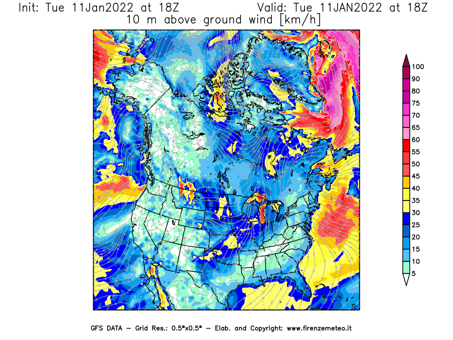 Mappa di analisi GFS - Velocità del vento a 10 metri dal suolo [km/h] in Nord-America
							del 11/01/2022 18 <!--googleoff: index-->UTC<!--googleon: index-->