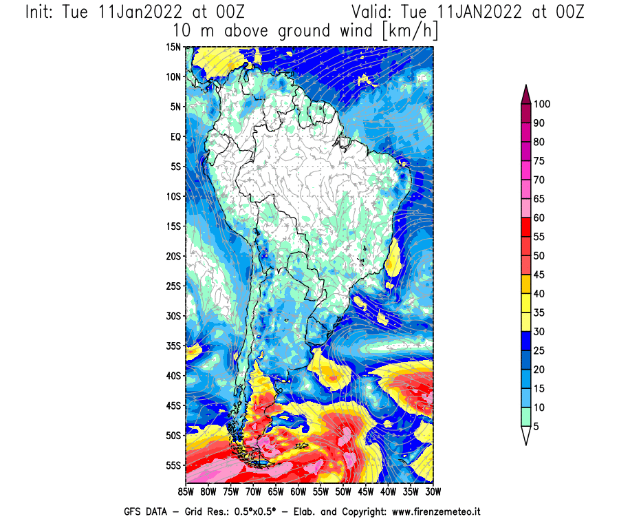 Mappa di analisi GFS - Velocità del vento a 10 metri dal suolo [km/h] in Sud-America
							del 11/01/2022 00 <!--googleoff: index-->UTC<!--googleon: index-->