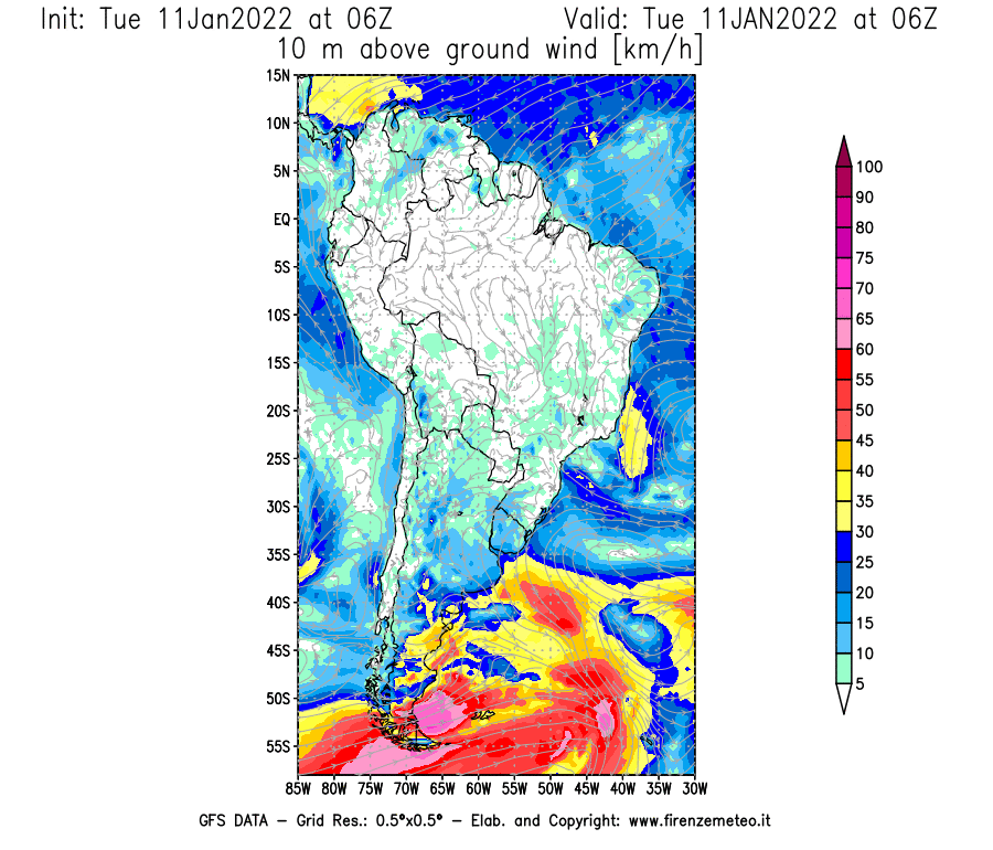 Mappa di analisi GFS - Velocità del vento a 10 metri dal suolo [km/h] in Sud-America
							del 11/01/2022 06 <!--googleoff: index-->UTC<!--googleon: index-->