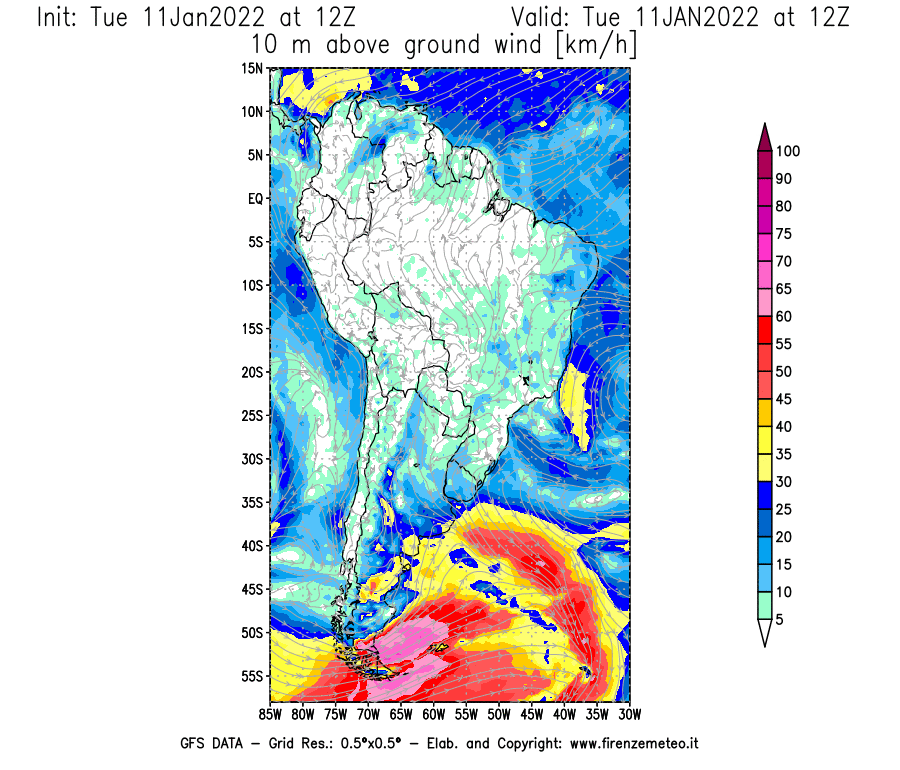 Mappa di analisi GFS - Velocità del vento a 10 metri dal suolo [km/h] in Sud-America
							del 11/01/2022 12 <!--googleoff: index-->UTC<!--googleon: index-->