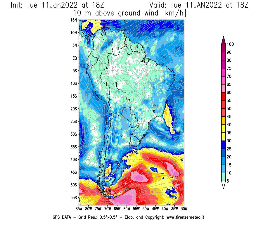 Mappa di analisi GFS - Velocità del vento a 10 metri dal suolo [km/h] in Sud-America
							del 11/01/2022 18 <!--googleoff: index-->UTC<!--googleon: index-->